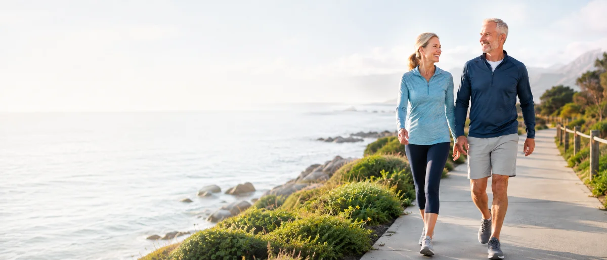 A couple walking together on a coastal path above the ocean.
